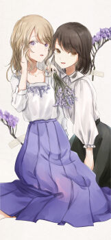 2021 2girls black_skirt blonde_hair brown_eyes brown_hair buttons calendar_(medium) collar flower flower_request hand_on_another&#039;s_shoulder hand_on_own_face highres jewelry long_skirt looking_at_viewer maribel_hearn may medium_hair multicolored_eyes multiple_girls necklace no_headwear open_mouth poteimo_(poteimo622) puffy_sleeves purple_eyes purple_skirt shirt short_hair simple_background skirt swept_bangs touhou two-tone_eyes white_background white_collar white_shirt yellow_eyes