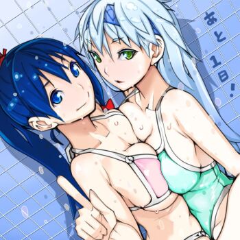 2girls bikini blue_eyes blue_hair blue_hairband bow breast_press docking green_eyes hairband i-shoujo long_hair multiple_girls one-piece_swimsuit pink_bikini ponytail red_bow swimsuit symmetrical_docking takayama_toshinori wet