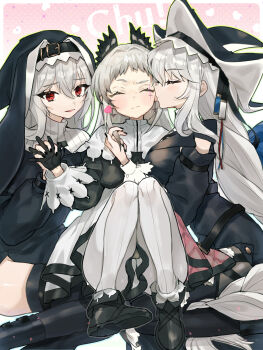 3girls arknights black_boots black_gloves black_hat black_shoes blush boots closed_eyes closed_mouth commentary_request dual_persona facing_viewer front-seamed_legwear gloves hair_between_eyes hand_in_another&#039;s_hair hat headscarf heart highres holding_hands interlocked_fingers irene_(arknights) kissing_ear long_hair long_sleeves looking_at_viewer multiple_girls nochatea pantyhose profile red_eyes seamed_legwear shoes specter_(arknights) specter_the_unchained_(arknights) white_hair white_pantyhose yuri
