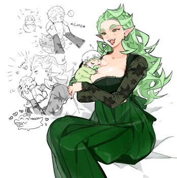 1boy 1girl 2021 aged_down baby blush breast_smother breasts carrying carrying_person cleavage closed_eyes collarbone commentary crocodile crocodilian dress english_commentary face_to_breasts feet_out_of_frame floral_print giving_birth green_dress green_hair green_hakama green_lips green_nails hakama hat hatching heart japanese_clothes juliet_sleeves kissing_cheek large_breasts long_sleeves looking_at_another mature_female messy_hair monochrome mother_and_son nightcap nose_blush open_mouth pacifier pajamas parted_bangs pointy_ears puffy_sleeves sebek&#039;s_mother sebek_zigvolt see-through_clothes see-through_sleeves sharp_teeth short_hair sitting spot_color tareme teeth tribute_(tributism) twisted_wonderland