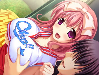 1boy 1girl :d asahina_hiyori_(hara_hara!!) black_hair blush bow breasts cheerleader cleavage collarbone covered_erect_nipples faceless faceless_male from_side fumizuki_yukari game_cg grabbing_another&#039;s_breast grabbing_from_behind grass groping hair_between_eyes hair_bow hand_up hara_hara!! holding holding_pom_poms large_breasts long_hair looking_back open_mouth outdoors pillar pink_bow pink_hair pom_pom_(cheerleading) pom_poms red_tank_top short_hair sidelocks smile standing tank_top tareme third-party_source two-tone_tank_top upper_body white_tank_top