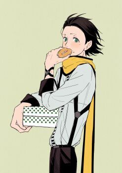 1boy absurdres antenna_hair black_hair black_pants box commentary cowboy_shot cream_background crumbs donut eating food food_on_face from_side green_eyes hair_slicked_back hand_up highres holding holding_box holding_donut holding_food long_scarf looking_to_the_side male_focus mochizuki_ryouji mole mole_under_eye otoko_haza pants pastry_box persona persona_3 scarf shirt short_hair simple_background sleeve_cuffs solo suspenders symbol-only_commentary white_shirt yellow_scarf
