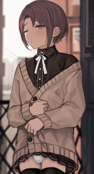 1boy black_shirt black_skirt black_thighhighs blurry blurry_background blush brown_cardigan brown_hair bulge cardigan cardigan_pull chain-link_fence cityscape closed_mouth collared_shirt commentary_request cowboy_shot crossdressing crossdressing_(mtf) dot_mouth dot_nose fence frilled_shirt frills hands_up highres long_sleeves looking_at_viewer male_focus neck_ribbon one_eye_closed original outdoors panties partial_commentary pleated_skirt purple_eyes red-haired_boy_(sunaba_(nczd5875)) ribbon shirt short_hair skirt solo sunaba_(nczd5875) thighhighs thighs trap underwear white_panties white_ribbon