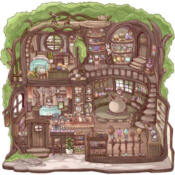 1boy 3girls :d ? animal armor bear bed blanket blue_hat blue_shirt blunt_bangs book bookshelf boots bow_(weapon) brown_eyes brown_hair brown_hat buttons cat cauldron chalkboard_sign chigu closed_eyes collared_shirt commentary_request crystal dog door drawer flask floorplan flower flower_pot flying_sweatdrops gloves green_eyes green_hair grey_hair hat helmet heterochromia highres holding holding_sign inkwell jar jewelry jug_(bottle) knife ladder lantern leaf multiple_girls musical_note necklace open_mouth original picture_frame pillow plant potted_plant quill rabbit red_flower shirt shoes short_hair short_sleeves shuriken sign sitting sleeping smile speech_bubble spoken_flying_sweatdrops spoken_musical_note spoken_question_mark staff stairs sword table thick_eyebrows thought_bubble trash_can treehouse unworn_boots unworn_gloves unworn_headwear unworn_helmet unworn_jewelry unworn_necklace unworn_shoes weapon white_shirt window wooden_floor zzz