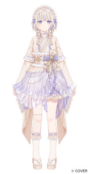 1girl asymmetrical_legwear blonde_hair blunt_bangs braid choker closed_mouth commentary_request copyright_name fishnet_socks fishnet_thighhighs fishnets frilled_kimono frilled_skirt frills full_body hair_over_shoulder hairband heart heart_o-ring highres hololive hololive_dev_is japanese_clothes kimono lolita_hairband long_hair low_twin_braids multicolored_hair o-ring o-ring_choker obi official_alternate_costume official_alternate_hairstyle official_art okobo over-kneehighs platform_sandals purple_eyes purple_hair purple_skirt purple_streaks sandals sash see-through_skirt_layer single_over-kneehigh single_thighhigh skirt smile socks solo streaked_hair tabi tachi-e thighhighs todoroki_hajime todoroki_hajime_(new_year) twin_braids two-tone_hair uneven_legwear virtual_youtuber white_choker white_kimono white_socks wide_sleeves yako_mashiro