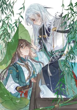 2boys :d absurdres adjusting_another&#039;s_hair ahoge animal animal_on_shoulder aqua_hanfu aqua_robe bird bird_on_shoulder black_gloves black_hanfu boat brown_hair chinese_clothes chinese_commentary closed_mouth coat curtained_hair daxiushan day expressionless eye_contact fingerless_gloves gloves green_coat green_sash grey_eyes hair_between_eyes hair_bun hair_ornament hair_stick half_updo hand_on_headwear hanfu highres holding holding_scroll hua_yi_shanxin_zhiyue leaf_hat ling_yan_ru long_hair long_sleeves looking_at_another looking_down looking_up lotus_leaf male_focus mandarin_collar multiple_boys off_shoulder official_alternate_costume on_boat open_clothes open_coat open_mouth parted_bangs profile purple_eyes red_sash robe sash scroll shiyue950 single_glove single_hair_bun sitting smile sweater_guard tassel the_prince_(hua_yi_shanxin_zhiyue) tit_(bird) upper_body wading waist_sash water watercraft wet wet_clothes wet_hair white_hair white_hanfu white_robe wide_sleeves willow yaopei