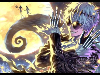 1girl 2boys aogiyuki bishounen black_crown crown diamond_hairband formal_clothes gloves graveyard halloween highres jack_skellington jacket long_sleeves missing_tooth multiple_boys pinstripe_jacket pinstripe_pattern pinstripe_suit pinstripe_vest round_eyewear sally_(nbc) short_hair silhouette skeleton skeleton_print skully_j._graves smile smirk solo_focus stitches striped_clothes striped_jacket striped_vest suit sunglasses the_nightmare_before_christmas twisted_wonderland twitter_username vertical-striped_clothes vertical-striped_jacket vertical-striped_vest vest white_hair zero_(nbc)