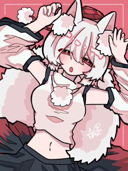 1girl :o absurdres akuta_neko animal_ear_fluff animal_ears arms_up black_skirt black_trim blush border breasts commentary crop_top crossed_bangs curled_fingers detached_sleeves double-parted_bangs dutch_angle feet_out_of_frame hair_between_eyes half-closed_eyes hat highres inubashiri_momiji large_breasts long_sleeves looking_at_viewer medium_hair midriff navel open_mouth pink_border pom_pom_(clothes) red_background red_eyes red_hat red_skirt shirt signature simple_background skirt solo sparkling_eyes tail tokin_hat touhou two-tone_skirt white_hair white_shirt wide_sleeves wolf_ears wolf_girl wolf_tail