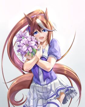 1girl absurdres animal_ears blue_eyes blush bow brown_hair commentary_request crying ear_bow ear_ribbon flower hair_between_eyes high_ponytail highres holding holding_flower horse_ears horse_girl horse_tail long_hair looking_at_viewer multicolored_hair open_mouth pleated_skirt ponytail puffy_short_sleeves puffy_sleeves purple_bow purple_shirt sailor_collar sailor_shirt school_uniform shirt short_sleeves skirt smile solo streaked_hair tail tears thighhighs tokai_teio_(umamusume) touke tracen_school_uniform two-tone_hair umamusume white_hair white_sailor_collar white_skirt white_thighhighs