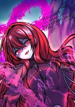 1girl breasts buttons commentary_request double-breasted duel_monster exosister_karmael exosister_martha gloves highres index_finger_raised large_breasts long_hair momobesaeka red_eyes red_hair solo very_long_hair watermark yu-gi-oh!