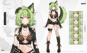 1girl :t absurdres animal_ear_fluff animal_ears black_shorts boots breasts character_name closed_mouth collar collarbone commentary earrings english_commentary fishnet_top fishnets green_eyes green_hair highres indie_virtual_youtuber jewelry knife mole mole_under_each_eye mole_under_eye multiple_expressions multiple_moles namishiron navel open_mouth pantyhose pouch rynxryn short_shorts shorts single_fishnet_legwear smile spiked_collar spikes stomach thigh_pouch thigh_strap tongue tongue_out torn_clothes torn_pantyhose twitter_username virtual_youtuber zipper