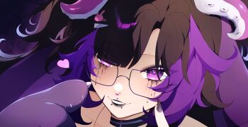 Rule 34 | animal nose, banner, black hair, black lips, bunny vtuber, face piercing, glasses, goth bunny, goth fashion, goth vtuber, gothbunny, gothybunz, kuinmelen, lewdtuber, lipstick, makeup, multicolored hair, nail polish, paw arm, paw hand, piercing, pink eyes, purple hair, rabbit ears, runny makeup, smile, tentacles