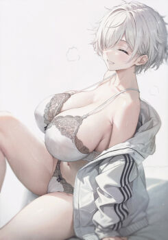 1girl bare_shoulders bed_sheet bra breasts camisole cleavage closed_eyes collarbone commentary_request from_side grey_shorts grin hair_over_one_eye huge_breasts jacket knee_up kurono_mitsuki lace lace-trimmed_bra lace-trimmed_panties lace_trim large_breasts long_sleeves looking_at_viewer off_shoulder on_bed open_clothes open_jacket original panties parted_bangs plump puffy_long_sleeves puffy_sleeves short_hair shorts sideboob simple_background sitting sleeves_past_wrists smile solo thick_thighs thighs translation_request underwear very_short_hair white_background white_bra white_hair white_jacket white_panties