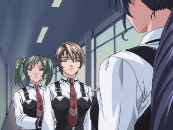 00s 2002 3girls animated animated_gif bible_black bible_black_gaiden bow bowtie breasts brown_hair drill_hair drill_ponytail green_eyes green_hair kozono_nami morita_rie multiple_girls necktie ponytail purple_hair school school_uniform shido_saki shirt short_hair smile suspenders tagme twintails walking white_shirt