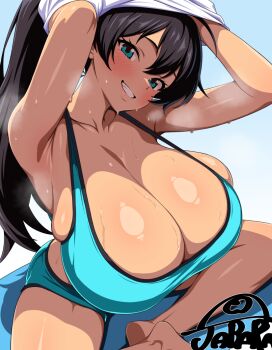 1girl aqua_eyes aqua_shorts aqua_sports_bra armpits arms_up black_hair blue_background blush breasts cleavage collarbone dark-skinned_female dark_skin ganaha_hibiki gradient_background grin hair_between_eyes huge_breasts idolmaster idolmaster_(classic) indian_style jabara_tornado long_hair looking_at_viewer ponytail shirt short_shorts shorts sitting skindentation smile solo sports_bra sweat t-shirt teeth undressing white_shirt