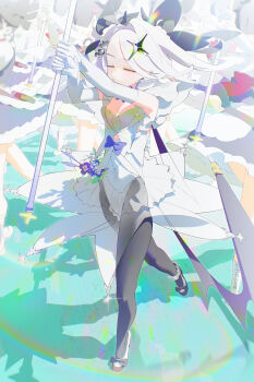 1girl absurdres ahoge armpits black_hair blue_archive blush bm_tol breasts commentary_request demon_girl demon_horns demon_wings highres hina_(blue_archive) horns long_hair low_wings magical_girl small_breasts solo_focus standing white_hair wings