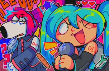 2boys ? ?? anthrophobixx baguette bread brian_griffin cosplay crossdressing crossdressing_(mtf) dog east-west_crossover family_guy food hatsune_miku hatsune_miku_(cosplay) heart highres kasane_teto kasane_teto_(cosplay) multiple_boys music number_tattoo singing spring_onion stewie_griffin tattoo utau vocaloid
