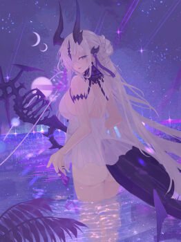 1girl arknights ass bare_arms bare_back bare_shoulders bikini black_horns blue_eyes breasts commentary_request dragon_girl dragon_tail from_behind hair_over_one_eye highres horns kira_guil large_breasts looking_at_viewer looking_back necrass_(arknights) necrass_(summer_flowers)_(arknights) night parted_lips planet red_pupils sleeveless solo swimsuit tail wading white_bikini
