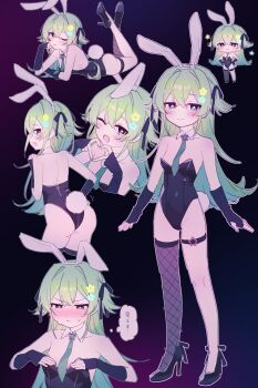 Rule 34 | 1girl, absurdres, animal ear hairband, animal ears, arm warmers, asymmetrical legwear, black arm warmers, black leotard, black shoes, black thighhighs, blush, breasts, bunny day, closed mouth, commentary request, detached collar, fake animal ears, fake tail, fishnet thighhighs, fishnets, four-finger heart hands, green eyes, green hair, green necktie, hair flaps, hair ornament, hairband, heart, heart hands, high heels, highres, leotard, long hair, looking at viewer, mismatched legwear, multiple views, namin (namin star), nanase (namin), necktie, open mouth, original, playboy bunny, rabbit ear hairband, rabbit ears, rabbit tail, shoes, single fishnet legwear, single thighhigh, small breasts, smile, speech bubble, star-shaped pupils, star (symbol), star hair ornament, strapless, strapless leotard, sweat, symbol-shaped pupils, tail, thigh strap, thighhighs, thought bubble, translation request, white hairband