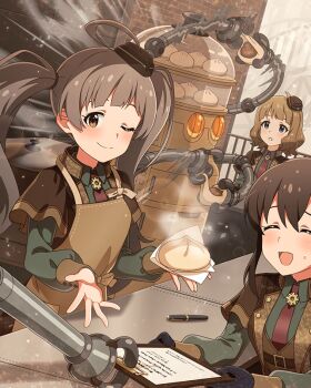 Rule 34 | 3girls, apron, belt, blue eyes, brown eyes, brown hair, buttons, card (medium), clipboard, closed eyes, collared shirt, food, game cg, gears, gloves, hakozaki serika, hat, holding, idolmaster, idolmaster million live!, idolmaster million live! theater days, joints, mini hat, multiple girls, necktie, official art, one eye closed, open mouth, paper, pen, robot, robot joints, satake minako, shirt, smile, steam, suou momoko, sweat, twintails