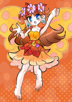 Rule 34 | 1girl, absurdres, barefoot, blue eyes, brown hair, dress, earrings, fairy, fairy wings, flower, flower earrings, hair flower, hair ornament, highres, jewelry, long hair, mario (series), mario kart, mario kart tour, nintendo, open mouth, orange background, orange dress, princess daisy, princess daisy (fairy), rakugaki shitagari-ya, smile, wings