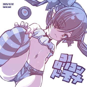 1girl ;( backbeako_(torotei) backbeard bare_shoulders black_hair black_ribbon black_shorts blush breasts commentary crop_top dated dated_commentary dutch_angle eyes_visible_through_hair gegege_no_kitarou grey_thighhighs hair_over_one_eye hair_ribbon hand_on_own_knee knee_up kono_lolicon_domome light_frown long_hair looking_at_viewer micro_shorts navel one_eye_closed original paid_reward_available petite pointy_ears red_eyes ribbon shorts simple_background small_breasts solo stomach striped_clothes striped_thighhighs thighhighs torotei translated twintails watermark web_address white_background white_thighhighs