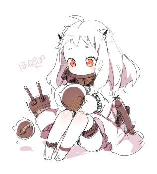 Rule 34 | 1girl, abyssal ship, aircraft, airplane, barefoot, blush, colored skin, commentary request, covered mouth, dress, enemy aircraft (kancolle), holding, horns, kantai collection, long hair, mittens, northern ocean princess, panties, red eyes, simple background, sitting, sketch, sleeveless, sleeveless dress, thigh strap, translation request, u35, underwear, white background, white dress, white hair, white skin