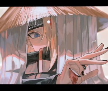 1017gomo9 1boy akatsuki_uniform asymmetrical_bangs black_nails blonde_hair blue_eyes deidara_(naruto) extra_mouth eyeliner forehead_protector hat highres jewelry long_hair makeup male_focus naruto_(series) naruto_shippuuden ring signature smile solo straw_hat white_background