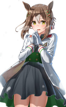 1girl absurdres animal_ears ascot black_shirt black_skirt blush brown_hair clover clover_hair_ornament collared_shirt commentary_request fine_motion_(noble_seamair)_(umamusume) fine_motion_(umamusume) gloves green_eyes green_vest hair_between_eyes hair_ornament highres horse_ears horse_girl horse_tail jacket long_sleeves looking_at_viewer multicolored_hair ooeyama open_mouth shirt simple_background skirt smile solo tail umamusume vest white_ascot white_background white_gloves white_hair white_jacket