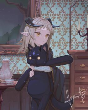 bird black_cape blonde_hair candle cape commentary commission crow cup drawer highres holding holding_stuffed_toy horns looking_at_viewer noomuaz patterned_background pointy_ears scales stuffed_animal stuffed_toy sylvie_indrath teacup the_beginning_after_the_end window yellow_eyes