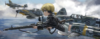 2girls absurdres balkenkreuz bf_109 commentary cross drum_magazine dual_drum_magazine english_commentary erica_hartmann gertrud_barkhorn gun highres jg52 kk90 luftwaffe machine_gun magazine_(weapon) mg34 military multiple_girls strike_witches swastika weapon wehrmacht world_witches_series