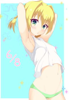 1girl alternate_costume alternate_eye_color alternate_hairstyle armpits arms_behind_head arms_up blonde_hair blue_background blush border breasts camisole chestnut_mouth chitose_sana commentary cowboy_shot english_commentary eyelashes green_eyes green_panties groin hair_between_eyes hair_intakes happy_birthday highres looking_at_viewer medium_hair navel open_mouth outside_border panties ponytail sakaki_asuka simple_background small_breasts solo sparkle stomach sweat tenshinranman underwear white_border white_camisole