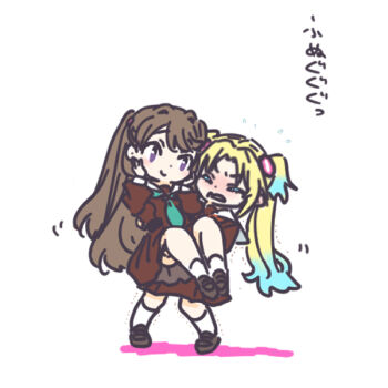 2girls blonde_hair blue_hair blush brown_dress brown_hair carrying carrying_person clenched_teeth deformed dress flower flying_sweatdrops fujishima_megumi full_body gradient_hair hair_flower hair_ornament hasu_no_sora_school_uniform link!_like!_love_live! loafers long_hair long_sleeves love_live! medium_dress multicolored_hair multiple_girls nose_blush osawa_rurino parted_bangs pink_flower pleated_dress princess_carry purple_eyes sailor_collar sailor_dress school_uniform shinanoya_(satanicad) shoes simple_background socks standing struggling teeth translation_request twintails two_side_up v-shaped_eyebrows virtual_youtuber white_background white_sailor_collar white_socks winter_uniform