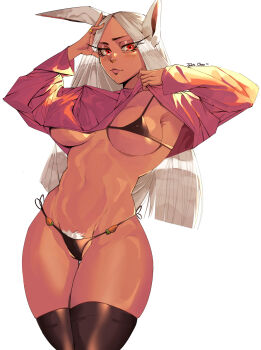 1girl absurdres animal_ears bikini black_bikini black_pubic_hair black_swimsuit black_thighhighs boku_no_hero_academia breasts clothes_lift cowboy_shot cropped_hoodie dark-skinned_female dark_skin edie_crop_hoodie female_pubic_hair highleg highres hoodie jacket jobin_chan large_breasts lifting_own_clothes long_hair long_sleeves looking_at_viewer micro_bikini mirko navel open_clothes pink_shirt pubic_hair pubic_hair_peek rabbit_ears red_eyes shirt shirt_lift side-tie_bikini_bottom simple_background solo standing stomach swimsuit thick_thighs thighhighs thighs toned toned_female underboob underwear white_background white_hair