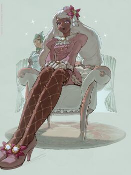 Rule 34 | 2girls, apron, ascot, black romper, blunt bangs, bow, bowtie, chair, commentary request, dark-skinned female, dark skin, dress, fascinator, fishnet pantyhose, fishnets, frilled ascot, frills, gloves, gold ring, green hair, hair ornament, highres, jacinthe (pokemon), juliet sleeves, lebanne (pokemon), long hair, long sleeves, looking at viewer, low drills, maid, maid apron, maid headdress, master and servant, mega stone, multiple girls, mumumi, nintendo, on chair, open mouth, pantyhose, pokemon, pokemon legends: z-a, puffy sleeves, purple dress, purple eyes, purple hair, romper, sitting, smile, sparkle, teeth, upper teeth only, very dark skin, white bow, white bowtie, white gloves