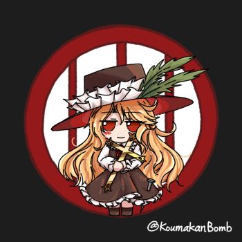 1girl black_background blonde_hair blush brown_dress brown_shoes chibi commentary_request cross dolls_in_pseudo_paradise dress feathers flower frilled_hat frills full_body fumo_(doll) gold green_feathers happy hat hat_flower highres holding holding_cross jacket_girl_(dipp) jitome koumakanbomb long_hair long_sleeves neck_ribbon red_eyes red_ribbon ribbon round_window shirt shoes smile solo standing touhou very_long_hair wavy_hair white_shirt window