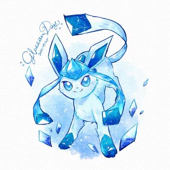 animal_focus blue_eyes blue_fur blue_gem bright_pupils closed_mouth commentary dated full_body gem gen_4_pokemon glaceon highres looking_at_viewer miketoevecan nintendo no_humans pokemon pokemon_(creature) pokemon_focus sidelocks simple_background smile solo standing symbol-only_commentary two-tone_fur white_background white_pupils