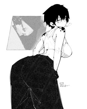 1girl absurdres ass breasts choppy_bangs closed_mouth commentary cowboy_shot english_commentary freckles from_side greyscale hands_in_pockets hatching_(texture) highres large_breasts linear_hatching looking_at_viewer miregeist monochrome original pants short_hair simple_background solo sports_bra white_background