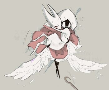 2girls arthropod_girl blank_eyes blush bodysuit carrying cloak feathered_wings full_body grey_background hat hollow_eyes hollow_knight hollow_knight:_silksong horned_mask hornet_(hollow_knight) juliet_sleeves lace_(hollow_knight) long_sleeves looking_at_another mask multiple_girls needle_(hollow_knight) nervous_sweating no_mouth pin_(hollow_knight) princess_carry puffy_sleeves red_cloak scared simple_background sweat watermark weapon white_bodysuit white_hat white_mask wings wizartyesi