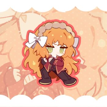 Rule 34 | 1girl, black gloves, black jacket, black pants, blush, bow, brown hairband, commentary request, fingerless gloves, freckles, full body, gloves, gold trim, green eyes, hair bow, hairband, highres, homura792, ishmael (project moon), jacket, limbus company, liu association south uniform, long hair, orange hair, pants, parted lips, project moon, red jacket, rope, sidelocks, solo, very long hair, white bow