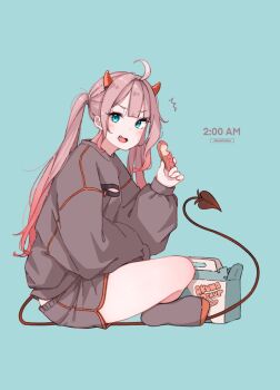 1girl ^^^ absurdres ahoge blue_eyes breast_zipper demon_girl demon_tail donut eating food gradient_hair grey_hoodie grey_shorts highres holding holding_donut holding_food hood hoodie horns indian_style kohe_billialot long_hair looking_at_viewer multicolored_hair open_mouth original red_horns shorts signature simple_background sitting socks solo surprised tail thighs timestamp twintails