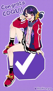 Rule 34 | 1girl, artist name, black hair, black skirt, black socks, character name, checkmark, commentary, coqui saporana, english commentary, english text, eyelashes, full body, heart, highres, hood, hood down, hooded jacket, jacket, long sleeves, multicolored hair, one eye closed, open clothes, open jacket, open mouth, outline, piercing, purple background, purple hair, raelrotten, red eyes, red jacket, red shoes, rummy &amp; coqui, scar, scar across eye, scar on face, sharp teeth, shirt, shoes, short twintails, sitting, skirt, smile, socks, solo, streaked hair, striped clothes, striped shirt, teeth, tongue piercing, twintails, two-tone hair, upper teeth only, vertical-striped clothes, vertical-striped shirt, virtual youtuber, white outline, white shirt
