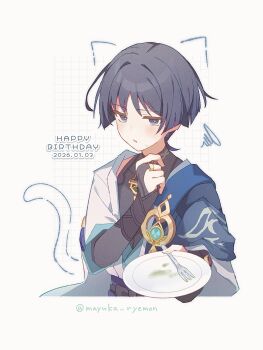 1boy anemo_symbol_(genshin_impact) aqua_gem armor black_bodysuit black_bow black_bridal_gauntlets black_eyes black_hair blue_cape blue_kimono blue_sleeves blunt_ends blush bodysuit bow bridal_gauntlets bright_pupils cape character_name commentary cropped_torso dated drawn_ears fork gem genshin_impact gold gold_ring half-closed_eyes hand_up highres holding holding_plate japanese_armor japanese_clothes juban kimono kote kurokote layered_sleeves looking_at_viewer male_focus mayuka_ryemon middle_ring open_clothes open_kimono open_mouth plate purple_rope purple_sash rope sash scaramouche_(genshin_impact) short_sleeves shoulder_peek solo squiggle symbol-only_commentary twitter_username vision_(genshin_impact) wanderer_(genshin_impact) white_kimono white_pupils white_sleeves white_trim wispy_bangs