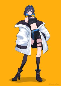 1girl absurdres belt blue_belt blue_eyes blue_hair boots breasts cleavage closed_mouth crop_top full_body highres hololive hololive_english large_breasts looking_at_viewer nagi_(illust_nagi) ouro_kronii shorts simple_background smile solo solo_focus standing thighhighs virtual_youtuber yellow_background