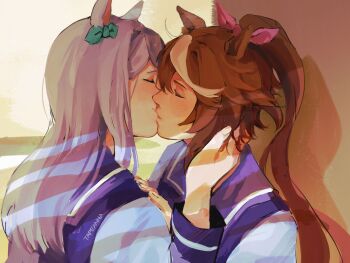 Rule 34 | 2girls, absurdres, animal ears, aqua bow, blush, bow, brown hair, closed eyes, ear bow, ear ornament, ear ribbon, hair between eyes, hair bow, highres, horse ears, horse girl, kiss, long hair, long sleeves, mejiro mcqueen (umamusume), multicolored hair, multiple girls, ponytail, purple hair, purple sailor collar, purple serafuku, purple shirt, sailor collar, sailor shirt, school uniform, serafuku, shirt, streaked hair, tapeanna, tokai teio (umamusume), tracen school uniform, two-tone hair, umamusume, upper body, white hair, yuri