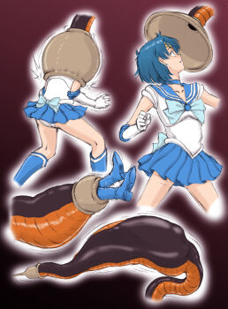 1boy 1girl ass back_bow bare_legs bishoujo_senshi_sailor_moon blue_bow blue_choker blue_footwear blue_hair blue_sailor_collar blue_skirt boots bow cell_(dragon_ball) choker clenched_hand crossover dark_background dragon_ball dragonball_z earrings elbow_gloves gloves gradient_background jewelry blue_bow looking_at_another looking_up magical_girl miniskirt mizuno_ami monster neck panties pleated_skirt restrained ribbon sailor_collar sailor_mercury sailor_senshi_uniform sequential shoes short_hair skirt standing surprised tail tiara underwear vore white_gloves white_panties yoikuma