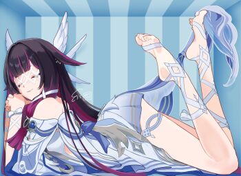 1girl bare_shoulders black_hair closed_eyes closed_mouth columbina_(genshin_impact) comiket_107 commentary_request dated dress eye_mask feet feet_up genshin_impact hair_ornament head_wings highres legs_up long_hair lying mask multicolored_hair on_stomach petite pink_hair pinocle signature smile soles solo streaked_hair the_pose thighs two-tone_hair white_dress white_mask wings