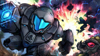 arm_cannon explosion fangs galactic_federation_trooper highres mecha metroid metroid_prime:_federation_force nintendo red_eyes robot signature space_pirate_(metroid) visor_(armor) wakaba_(wata_ridley) watermark weapon