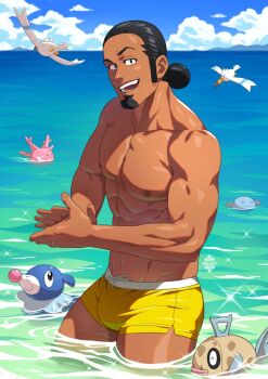 1boy abs artist_name bara black_hair commentary corsola dark-skinned_male dark_skin day facial_hair feebas gen_2_pokemon gen_3_pokemon gen_7_pokemon goatee professor_kukui male_focus male_swimwear muscular muscular_male nintendo nipples ocean outdoors pectorals pokemon pokemon_(creature) pokemon_sm popplio swim_briefs wingull wooper xelgot