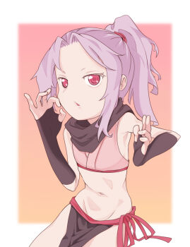 1girl arasi379 bare_shoulders black_gloves black_loincloth black_scarf border cowboy_shot cropped_kimono eyelashes female_focus fingerless_gloves fingernails flat_chest gloves gradient_background hands_up japanese_clothes kimono kosode kunoichi_tsubaki_no_mune_no_uchi leaning_forward loincloth loli looking_at_viewer medium_hair midriff navel ninja parted_lips pink_eyes pink_kimono ponytail purple_hair sazanka_(kunoichi_tsubaki_no_mune_no_uchi) scarf simple_background skinny sleeveless sleeveless_kimono solo standing variant_set white_border